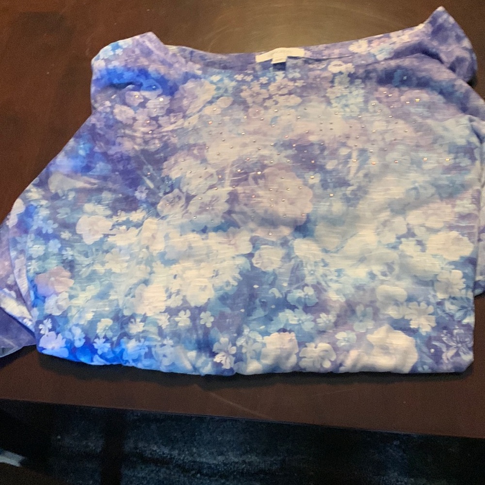 Blue and White Glittering Short Sleeve Blouse